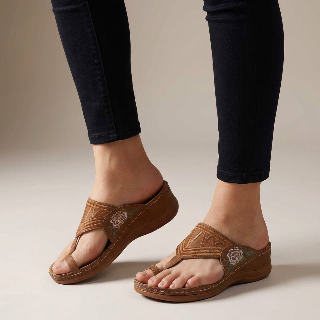 Women's sandals featuring floral embroidery, orthopedic wedge design for enhanced comfort, perfect for summer wear. 0